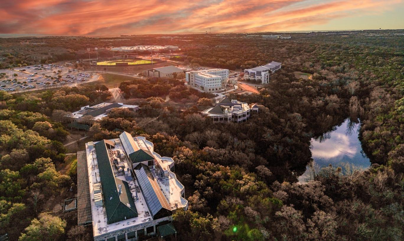 Drone photo of the scenic Concordia Univeristy Texas campus